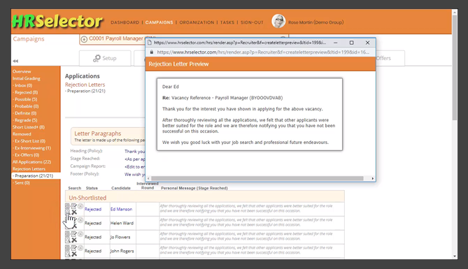 Sending Rejection Letters